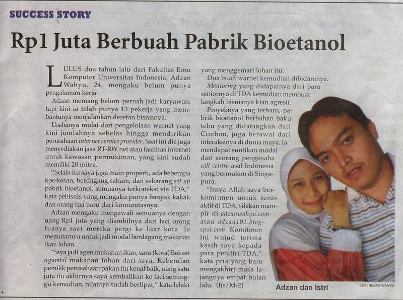 Media Indonesia: Kisah Sukses Member TDA, Rp1 Juta Berbuah Pabrik Bioetanol